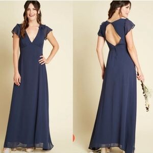 Modcloth Your Flowing Places Navy Blue Chiffon Maxi Dress